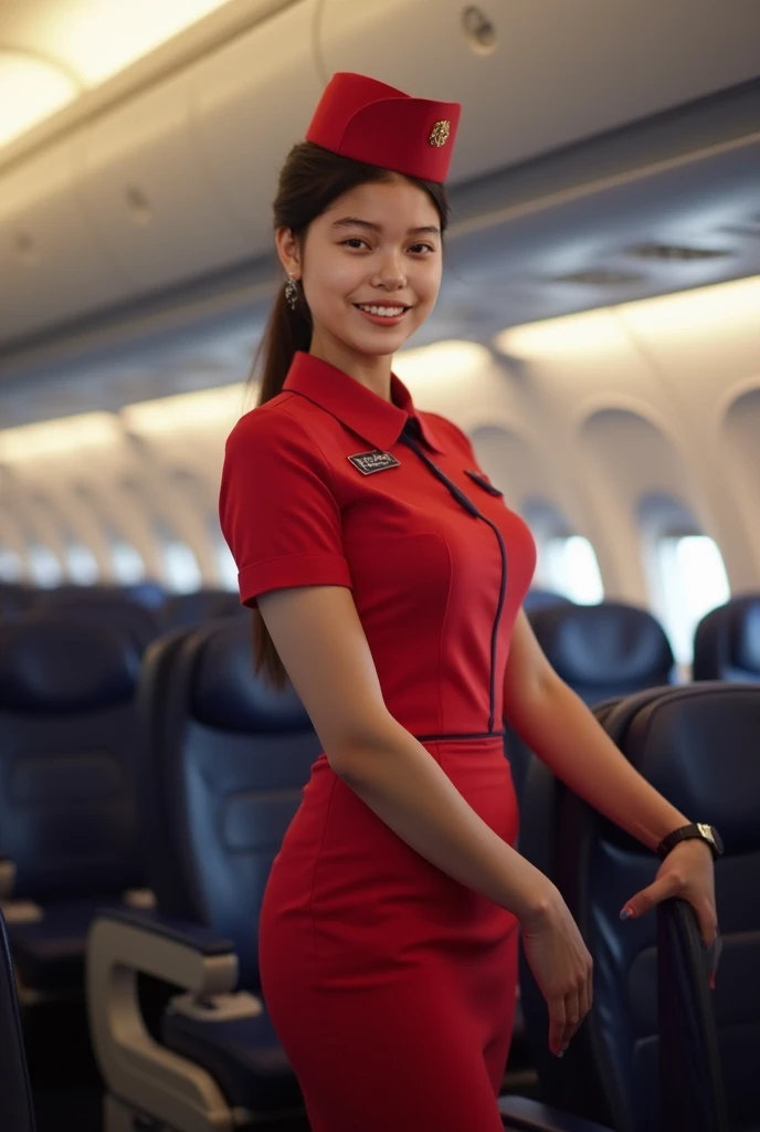 Please make this person where she is working as a flight attendant. Don't change the headroom shot, don't change her facial features too much and make her look exactly like the original person in the photo. Also make her body face the camera and the backgr...