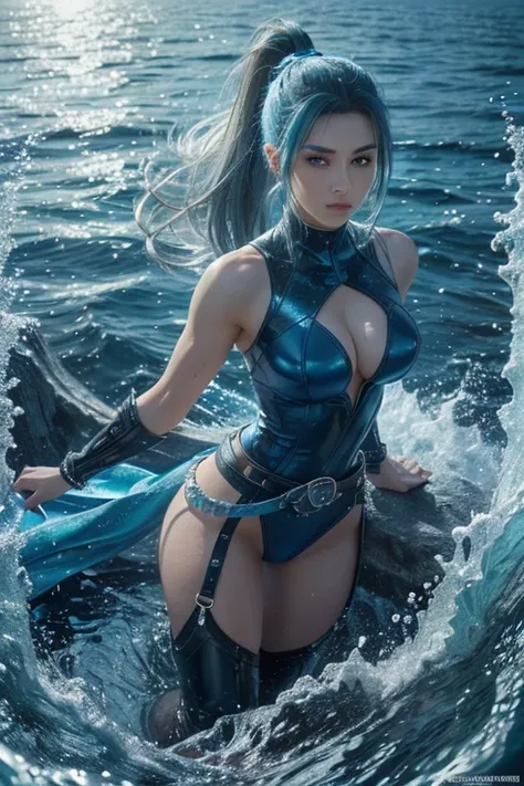 (Masterpiece, 4k resolution, ultra-realistic, very detailed) ( Masterpiece, 4k resolution, ultra-realistic, very detailed) A beautiful sexy female superhero who is a demigoddess , blue/green eyes and  dark blue hair.  , , She wears a blue outfit with a fis...