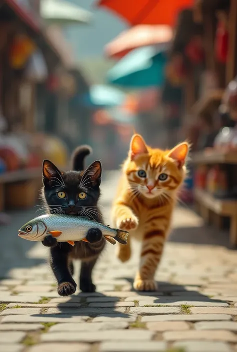 A kitten while running has a fish in his hand, and a big cat is running backside of the kitten with a stick to hit the kitten, Kitten color black and white and big cat color yellow skinny, backgroung has a fish market. Clear all elements.
