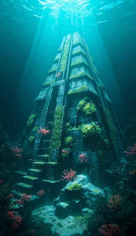 A massive underwater stone structure resembling an ancient pyramid, covered in algae and deep-sea life. The steps of the monument are sharp and precise, suggesting an advanced lost civilization.