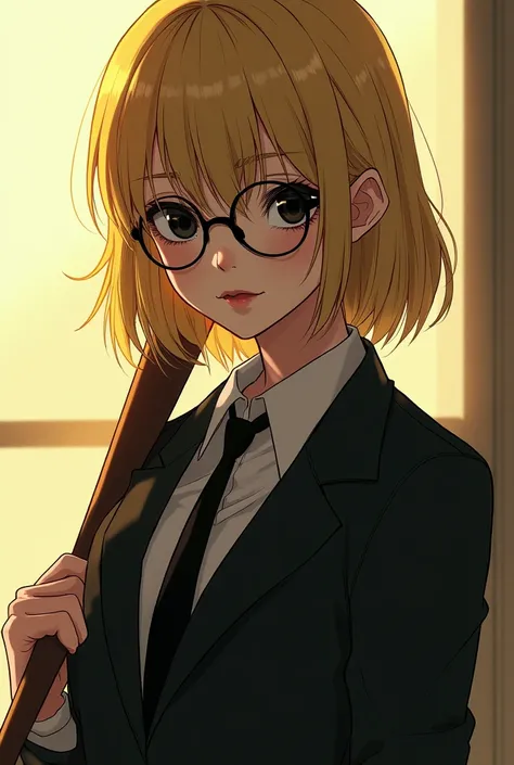 Light Yellow Hair Black Round Frame Glasses Uneven Suit Handsome Girl Black Eyes Sunny Face A Little Bloody Cold Looking Down One Hand Crooked Waist One Hand Holding A Baseball Stick A Little Red