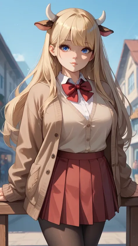 perfect body, nice body, curvy, , cow horns, blonde hair, long hair, blue eyes, red bowtie, brown cardigan, red skirt, pleated skirt, micro miniskirt, black pantyhose 