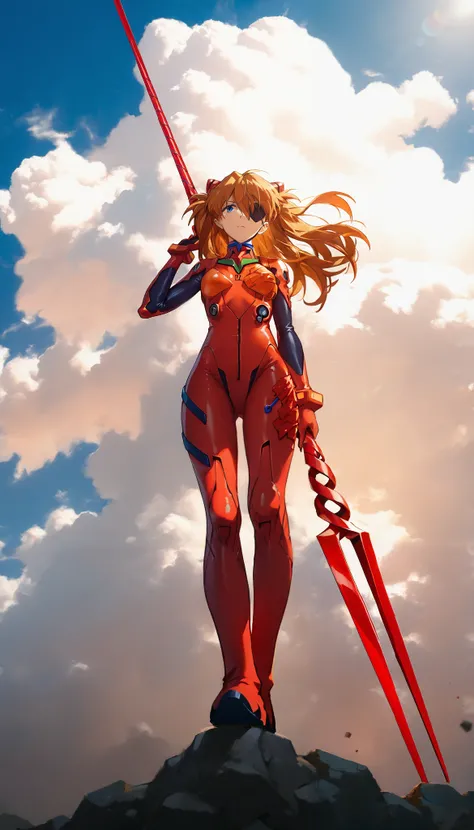 a girl, souryuu asuka langley , Neon Genesis Evangelion, sensible, Alone , eyepatch, tight red suit , epic poses , seen from below, hair moved by the wind , sunny day,sky and clouds, with open legs , head tilt, holding a weapon , Longin...