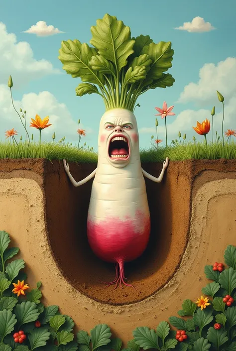 ultra detailed, absolutely resolution, masterpiece. 
It says, "Harvest quickly!". 
A cross section of a field in the soil. A handsome and dignified anthropomorphic white radish man in the soil, shouting angrily, "Hurry up and harvest!" .
background field. ...