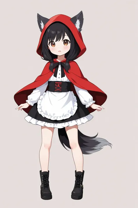  top quality,   Supernatural、(( girl))、 semi-long black hair, brown eyes, Little Red Riding Hood, red and white costume 、 wolf ear、 wolf tail 