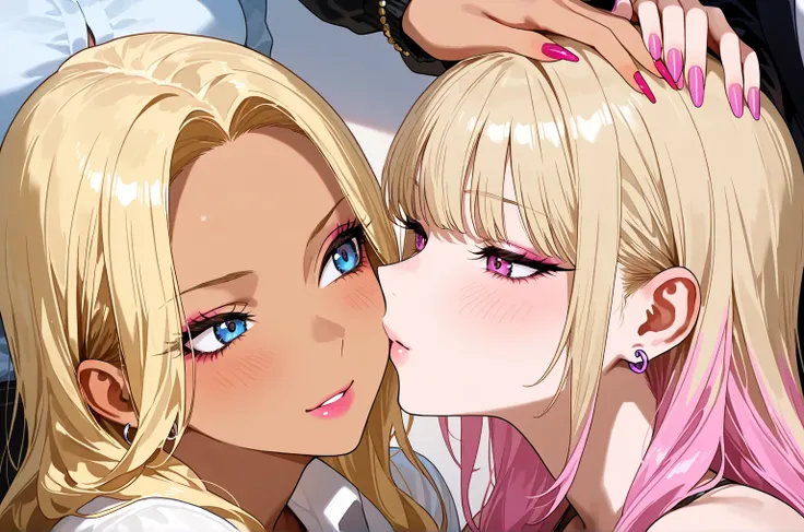 gyaru,3 women,cool beauty,head_petting,face close_up,