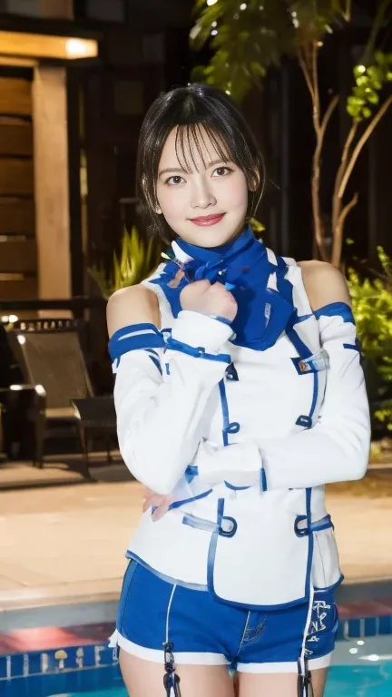 Nico　 cosplay、 original uniform by LABOR、 hair clip、 short hair、 blue eyes、 white thigh height 、Fingerless gloves、 off shoulder 、 brown eyes、 Lantern、 removed sleeve、青い shorts 、 hair clip、 Turtleneck、white waistcoat， top quality， Max Image Quality， highest...