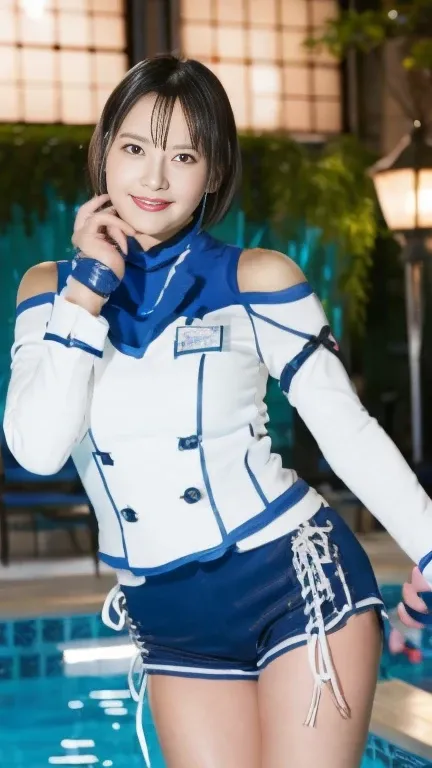 Nico　 cosplay、 original uniform by LABOR、 hair clip、 short hair、 blue eyes、 white thigh height 、Fingerless gloves、 off shoulder 、 brown eyes、 Lantern、 removed sleeve、青い shorts 、 hair clip、 Turtleneck、white waistcoat， top quality， Max Image Quality， highest...