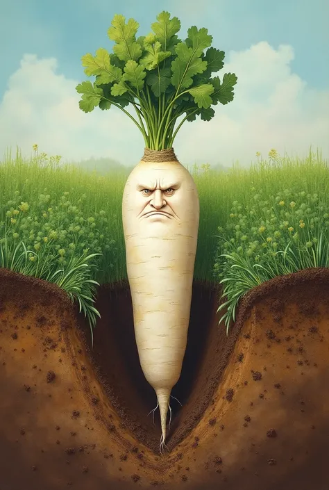 It says, "Harvest quickly!". 
ultra detailed, absolutely resolution, masterpiece. 
A cross section of a field in the soil. A handsome and dignified anthropomorphic white radish man in the soil, shouting angrily, "Hurry up and harvest!" .
background field. ...