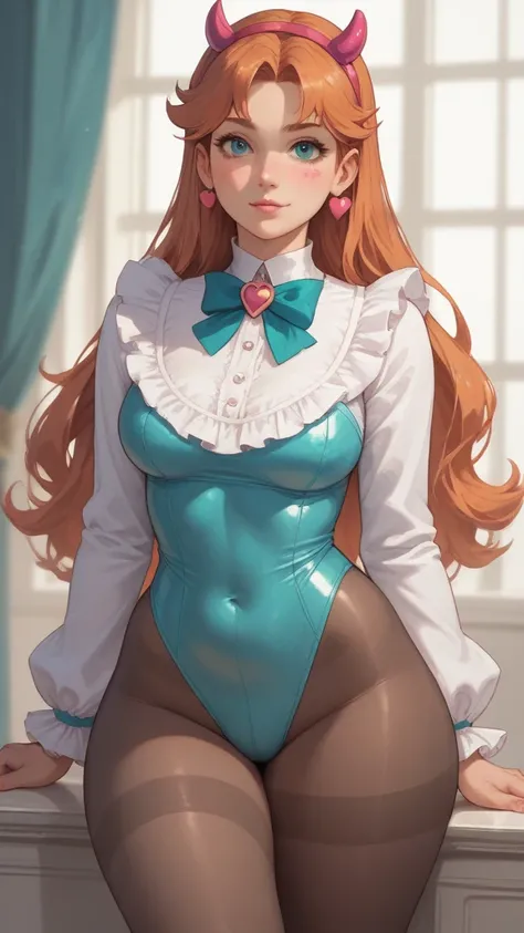 starbutterfly, longsleeve leotard, glossy, pantyhose, frills, ruffles, tight, perfect body, nice body, curvy, beautiful woman with curvy body, wide hips and thick thighs