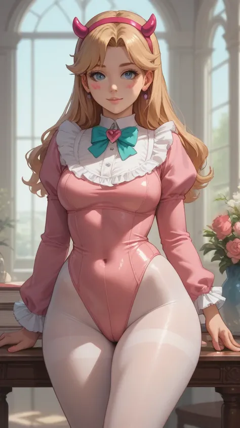 starbutterfly, longsleeve leotard, glossy, pantyhose, frills, ruffles, tight, perfect body, nice body, curvy, beautiful woman with curvy body, wide hips and thick thighs