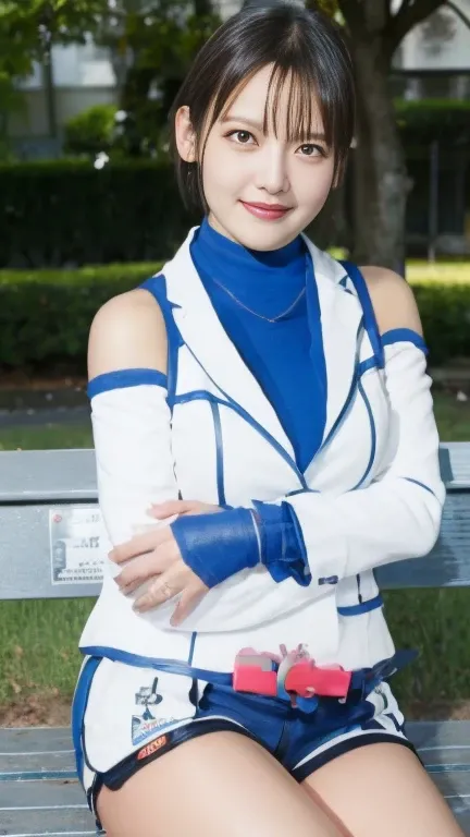 Nico　 cosplay、 original uniform by LABOR、 hair clip、 short hair、 blue eyes、 white thigh height 、Fingerless gloves、 off shoulder 、 brown eyes、 Lantern、 removed sleeve、青い shorts 、 hair clip、 Turtleneck、white waistcoat， top quality， Max Image Quality， highest...