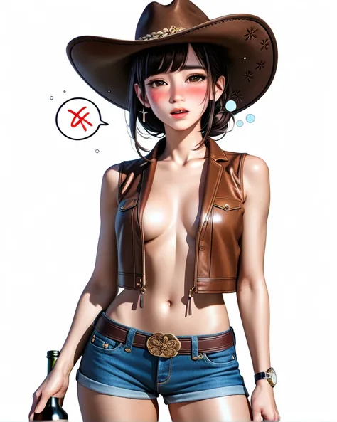 ((  Japanese beautiful girl _1 person:2.0)),(Light brown background  :1.0),(  slender body:1.2),( Sleeveless Denim Vest  :1.1),(  Standing Shyly in Denim Micro Shorts:1.1),(Navel exposed),( blushing face:1.3),( drunk _ hiccups:1.5),( Open Mouth:1.2),(Stand...