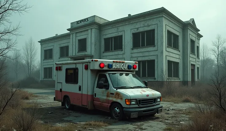 (photorealism:1.2), an abandoned hospital with a broken down ambulance car in front of it