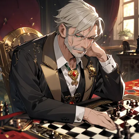 .  Lord Aurelius  "The Dealer" Vantrell  (The Gilded Heart – English Mafia Elite) solos
traits: Elderly Man (, about 50 years old, )  silver-blond hair, smooth comb, dark green eyes.
Dressed :  Black or dark red three-piece suit with silk card tie, gold br...