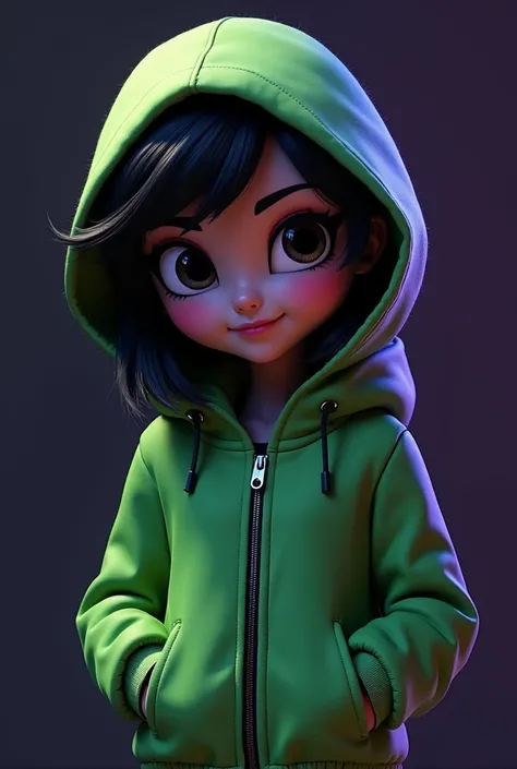 From Wreck It Ralph Vanellope Infinity Girl Jacket Grün Zip Black Hair, full body shoot, dark monochrome background, violet tinted lights, retrospective lighting