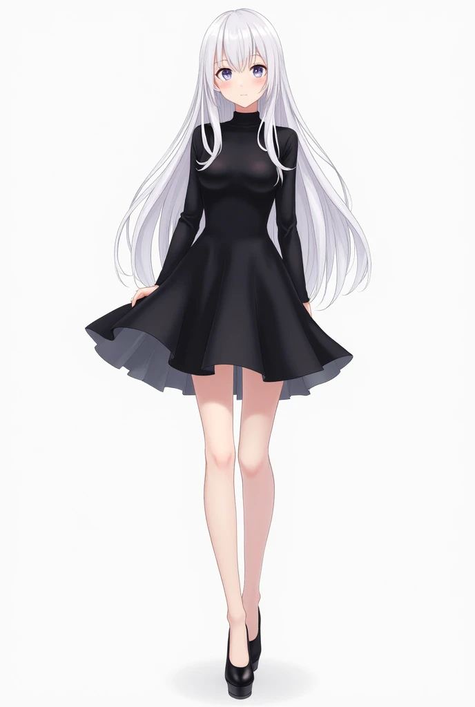 1 girl  [appearance= "height: 164 cm ", " long white hair "," white eyes"] [Clothes=" tight black dress ","heels"] ( Full body plane )  illustration, anime style 4k,  Precise,  super detailed ,  tall details ,  High resolution ,  High Quality,  high defini...