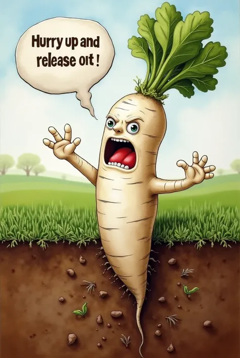 The speech bubble says "Hurry up and release it!". 
ultra detailed, absolutely resolution, masterpiece. 
A cross section of a field in the soil. A handsome and dignified anthropomorphic white radish man in the soil, shouting angrily, "Hurry up and harvest!...