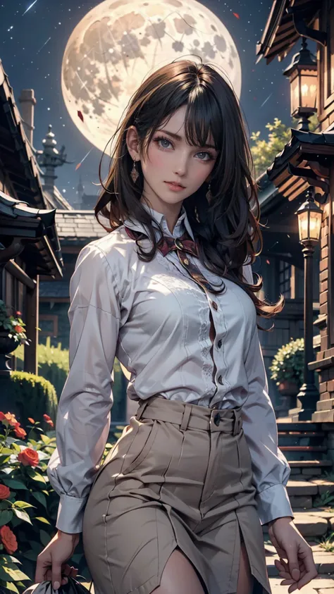 A dark-haired girl walking through a castle garden on a full moon night