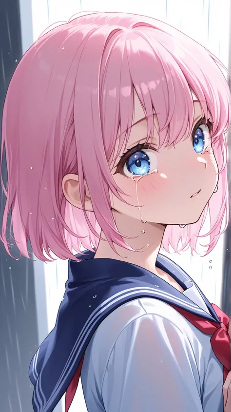  pink hair 、Bob short hairstyle、 blue eyes、Navy blue sailor suit、 in the rain、 The background is the seaside 、 is crying、Jump into a man's chest、 makes me cry　