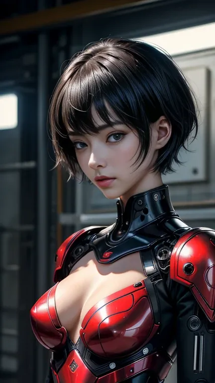 nsfw((( masterpiece))), ((( top quality))), (( ultra high resolution)), (very detailed pictures  ), (( very delicate and beautiful)),( cute delicate face ), ((High Performance Cyborg Girl  )),(red and black robot armor) , (Inside the Manufacturing Plant),(...