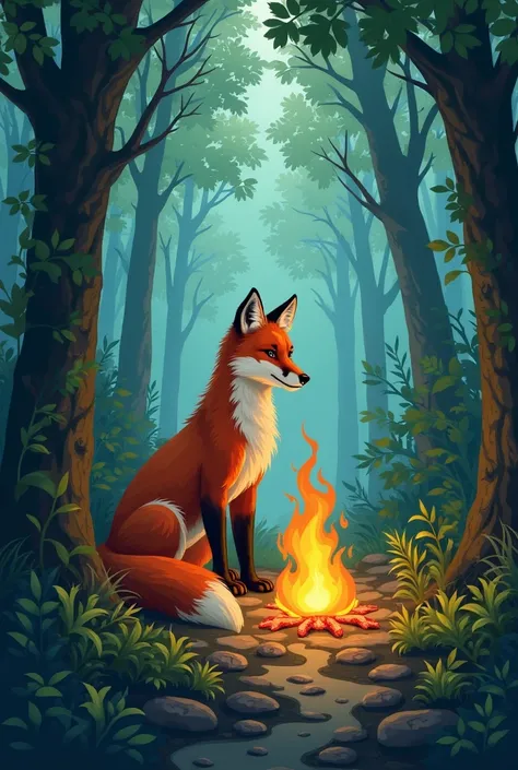 create an artwork about this fable story: 

The fox and the Fading Flame

Once, in a vast and vibrant forest, a young fox named Theo set out on a journey to the legendary Summit of Wisdom. It was said that those who reached the top would gain knowledge and...