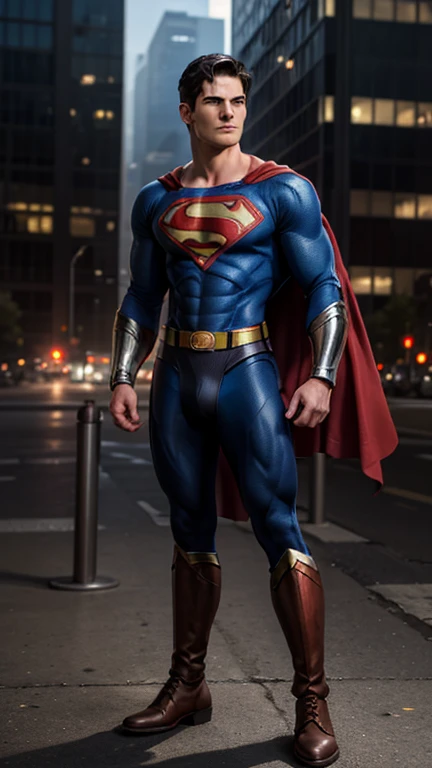 Full body photorealistic shots Create a realistic image of Superboy as a young adult, around 18-20 years old. He should have a strong, athletic build and resemble a  version of male version of Superman with a well-defined jawline, short black hair, and pie...