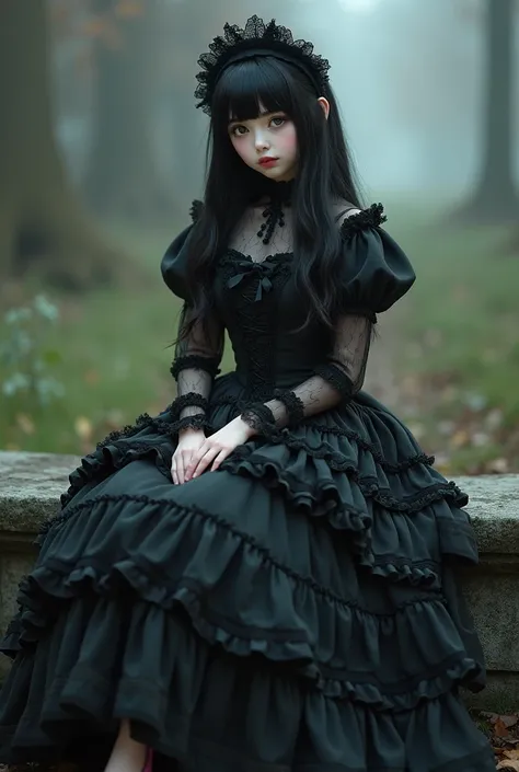 Japanese araffe girl in black dress and pink shoes sitting on bench,  victorian gothic ic  Lolita Fashion , dreamy  Gothic girl , Gothic dressโลลิต้าสีดำ, Black Victorian Dress ,  ultra photorealistic look ,  victorian gothic , Gothic dress,  Elegant Gothi...