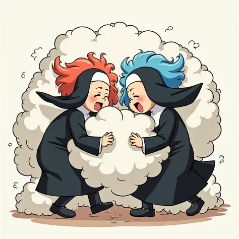 An anime-style illustration depicting nuns playfully wrestling with each other inside a  comical fight cloud.
each nun has different colored hair.
their faces,hands,and feet are visible emerging from the cloud as they tussle humorously,  with the rest of t...