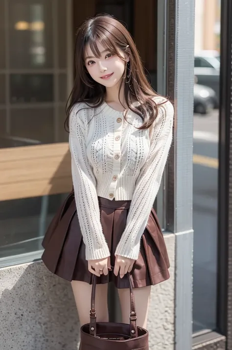  Realistic Photo Quality 、What is the Japanese model in a red sweater and white skirt、brown background、 cool red jacket 、 white miniskirt 、Japanese female fashion model、 looking at camera、Detailed and beautiful eyes、 cute smiles 、 soft and gentle expressio...