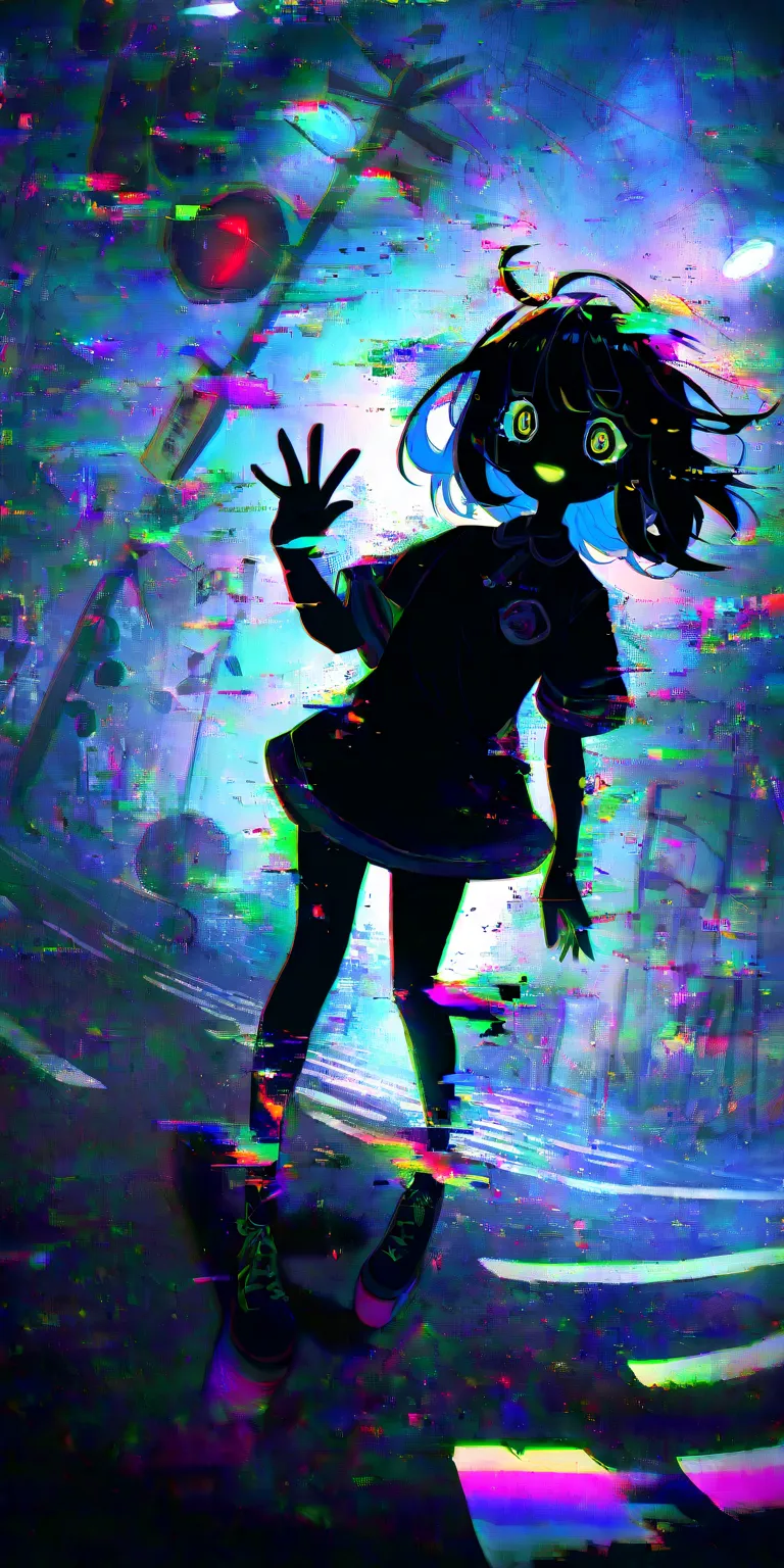 1girl,street lights, neon-color black light, tilt dutch angle,,fisheye-lens, (glitchy noise), waving hand big bye-bye,(multicolor glitch,glitch,neon), overly detailed pupils,glowing,chromatic aberration,railroad crossing,distorted, glitchy noisy train,dyna...