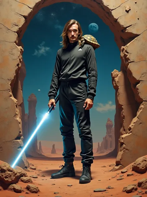 A stunning old Renaissance-style oil painting with a cracked fresco texture of a tall (1.97m) and (((slender:1.4))) badass (((JEDI:1.5))) (((wearing cool Jedi Adidas black  tracksuit:1.5))) with (((very long chestnut-coloured Jesus-like hair))) a handlebar...