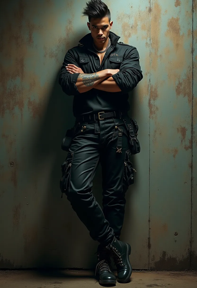 Tall young man with crested hair , With a black gang outfit,  he is wearing ranger boots he is leaning against a wall with his arms crossed