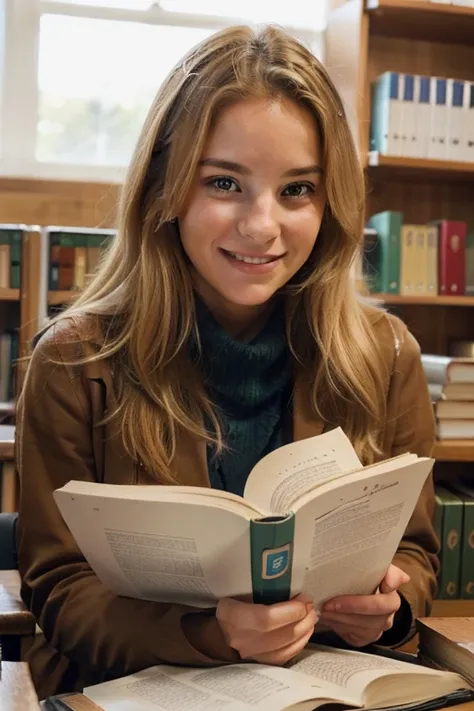 blonde woman sits in a university library, she is smiling, she is wearing winter clothes, carefully observing an open book in front of her. Natural light pours through the large windows, highlighting her illuminated face. The walls adorned with shelves ful...