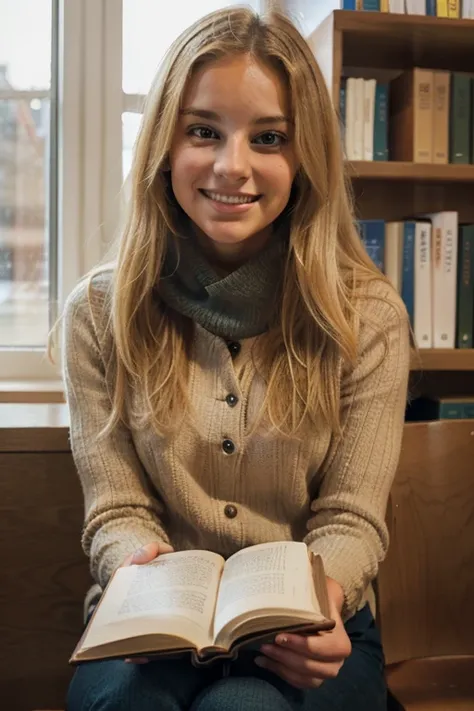 blonde woman sits in a university library, she is smiling, she is wearing winter clothes, carefully observing an open book in front of her. Natural light pours through the large windows, highlighting her illuminated face. The walls adorned with shelves ful...