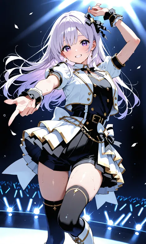 look at viewer， high resolution， girl，smile，sweat，Eyes with highlights，black and white idol costume ， black and white pleated skirt， black shorts，Black belt， black knee-high socks，White boots， dancing with microphones，Shiny purple hair