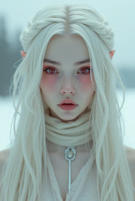 A girl who face shapes is heart with Almond Eyes, hooked nose, heart shape lips, soft angled eyebrows , white skin, the eyes of the red -colored eyes, Long white hair like snow