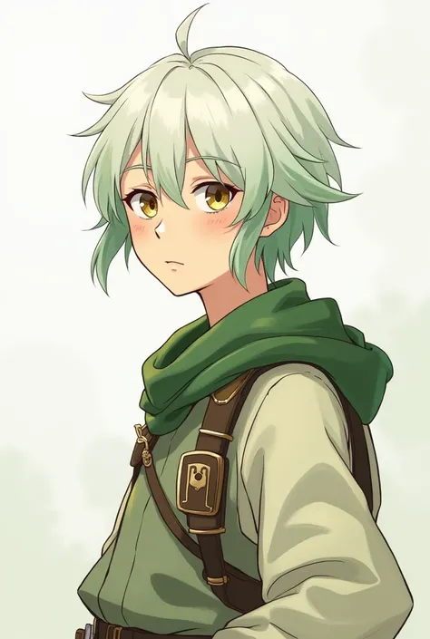 Fantasy manga male character with white, green hair, cartoonist, gentle, cool, simple adventurer costume, slightly white tones

