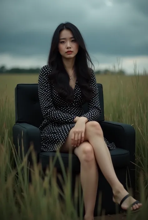  High quality, 32k Ultra HD,  professional portrait ,  3, a curved Asian woman ,  Long wavy black hair , In a black polka dot dress , black sandals,  sitting on a black sofa in the middle of tall grass, dark clouds ,slim figure, Face to camera, small breas...