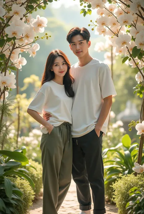   rose background  ,  white orchid  ,  fractal art  ,  Beautiful nature background with beautiful garden  , Korean couple ,  Beautiful girl wearing a T-shirt, fashionable trousers,   with handsome young man wearing casual clothes wearing Jordan sneakers , ...