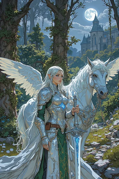A high-resolution digital painting of a **confident female Elven soldier** standing in front of a **majestic Pegasus** in an **enchanted Elven forest**. She wears a **body-fitting silver armor**, designed with a **sleek yet elegant elven aesthetic**, featu...