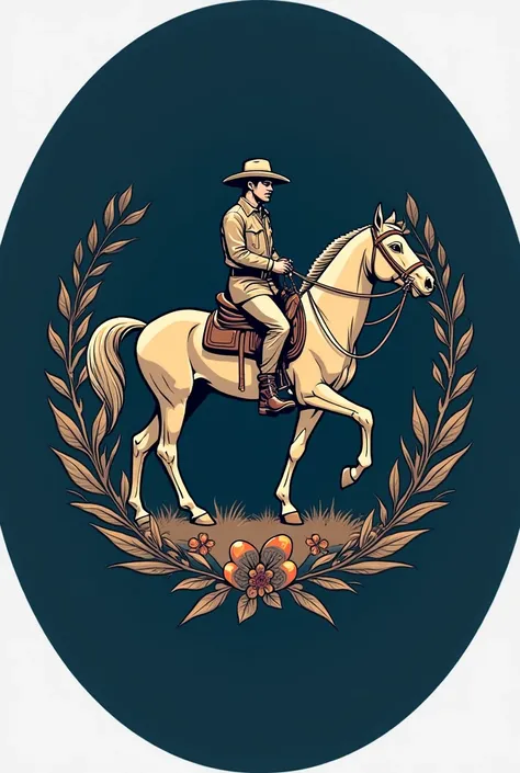 A logo that has a medium dark blue background ,  inside the logo must be a horse with a male rider and underneath must be musical instruments such as an ark, four and maracas, I can't see the four ,  harp and the maracas .  The fat man must have a ranger's...