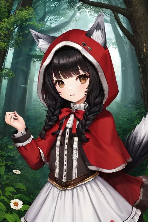  top quality,   Supernatural、(( girl))、 semi-long black hair, brown eyes, Little Red Riding Hood, red and white costume 、 wolf ear、 wolf tail 、 in the woods