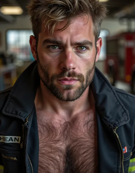 masterpiece, best quality, high resolution, closeup portrait, male focus, solo focus, A man, 30 years old, with firefighter uniform, firefighter suit, firefighter, messy hair, blonde silverish hair, messy hairstyle, smirk, cute and seductive face, bare ch...