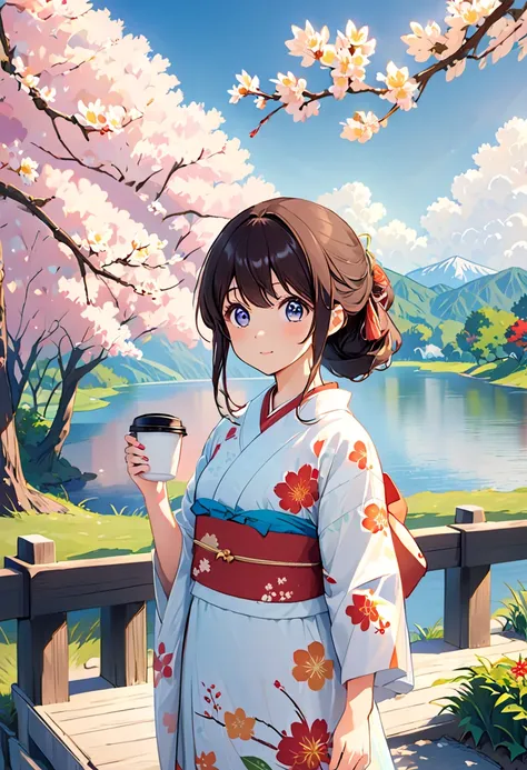   There is a young girl holding a coffee cup in her hand,  cute pretty face,   cute natural anime face ,  with a pretty face - pretty face , Sakimi-chan, Chiho, Yoshitomo Nara,  young and cute face ,   A beautiful Japanese girl wore a yukata standing in fr...