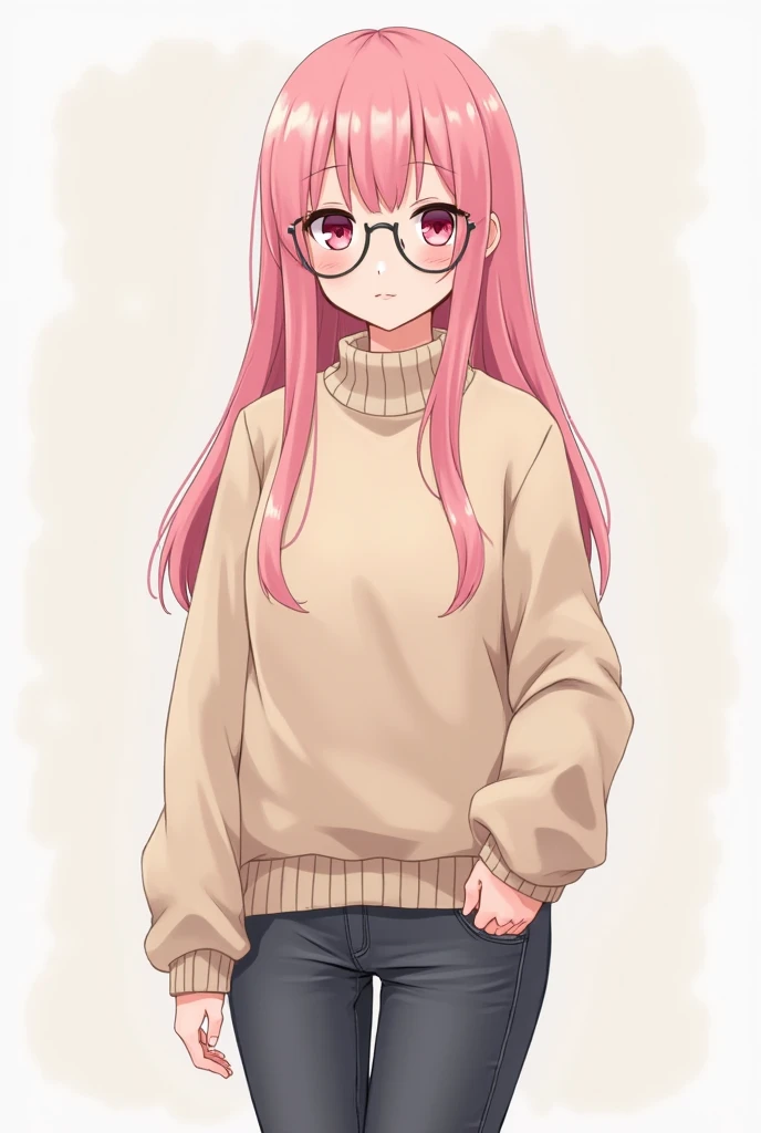 1 girl [appearance=  is ,  long pink hair and pink eyes .  She wears a beige sweater and dark gray jeans. She also wears glasses ] ( Full body plane )  illustration, anime style 4k,  Precise,  super detailed ,  tall details ,  High resolution ,  High Quali...