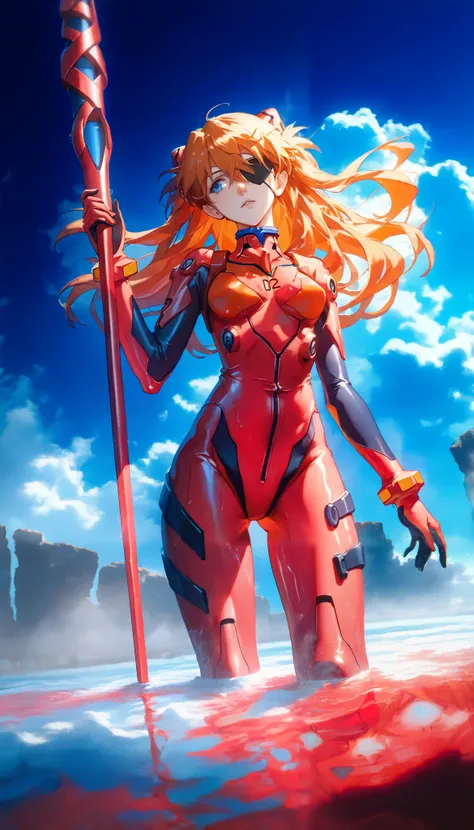  a girl,   souryuu asuka langley  , Neon Genesis  Evangelion, sensible, Alone , eyepatch,   tight red suit  ,  epic poses , seen from below,  hair moved by the wind ,  sunny day,sky and clouds,   with open legs  ,   head tilt,   holding a weapon  ,  Longin...