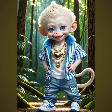 a blue eyed albino with blue striking striped fur, micro baby monkey wearing gangster clothes white shirt with a blue heart baggy light blue jean pants white and blue Nike shoes and a bling gold necklace around his neck,adorable smile, ina forest with insa...