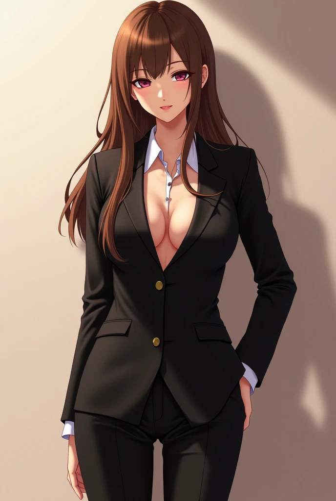 draw an anime girl, in a formal suit, she has long brown hair, she is naked