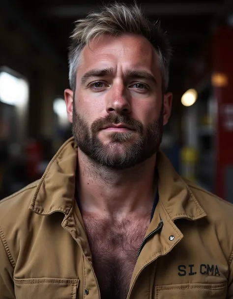 masterpiece, best quality, high resolution, closeup portrait, male focus, solo focus, A man, 30 years old, with firefighter uniform, firefighter suit, firefighter, messy hair, blonde silverish hair, messy hairstyle, smirk, cute and seductive face, bare ch...
